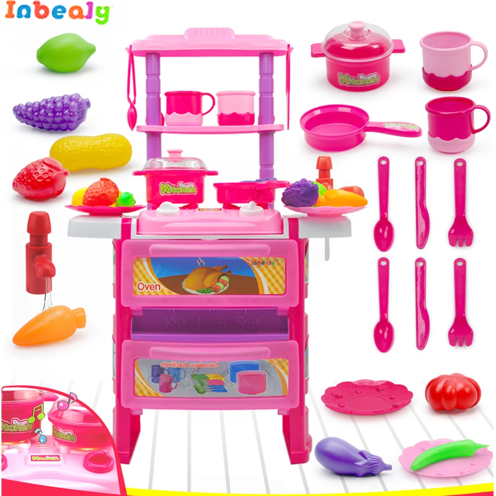 Inbeajy Новая Большая игрушечная кухня с посудой пластиковые фрукты и овощи моделирование кран духовка с легким звуком дети ролевые и игровые игрушки