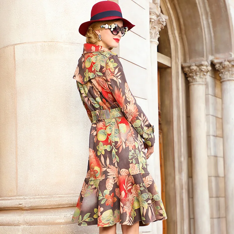 Yang Yingxing's New Spring 2019 Fashion Long Sleeve Printed Jacket with Belt Received Slender Fish Windshirt  Long Coat Women