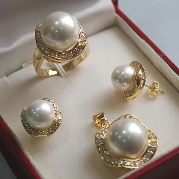 

hot sell new - Charming Shell Pearl Pendant Earing Ring Jewelry Set AAA style Fine Noble real Natural fast shipping