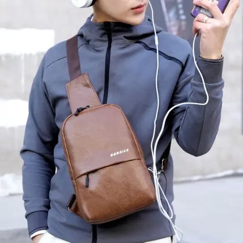 

Men's Shoulder Bag Sling Chest Pack Canvas USB Charging Sports Crossbody Leather Handbag Bag Hot Male Chest Bags