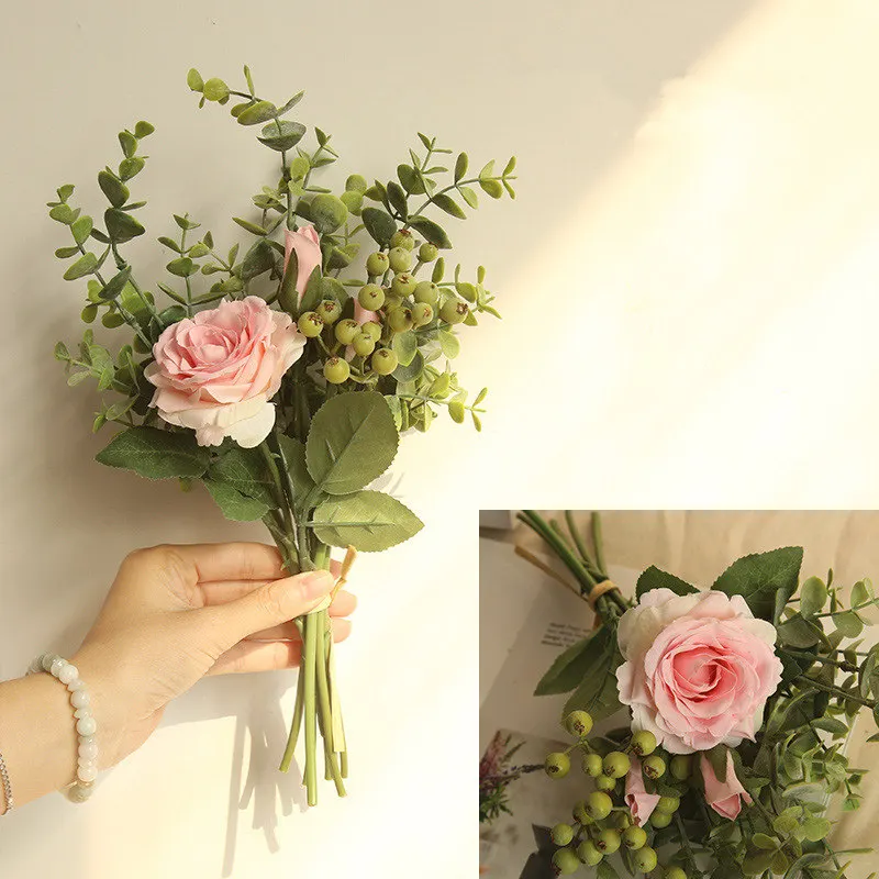 Ручной работы эвкалипта+ розы+ ягоды искусственный цветок комплект для дома свадебное украшение поддельные Свадебные цветы Флорес