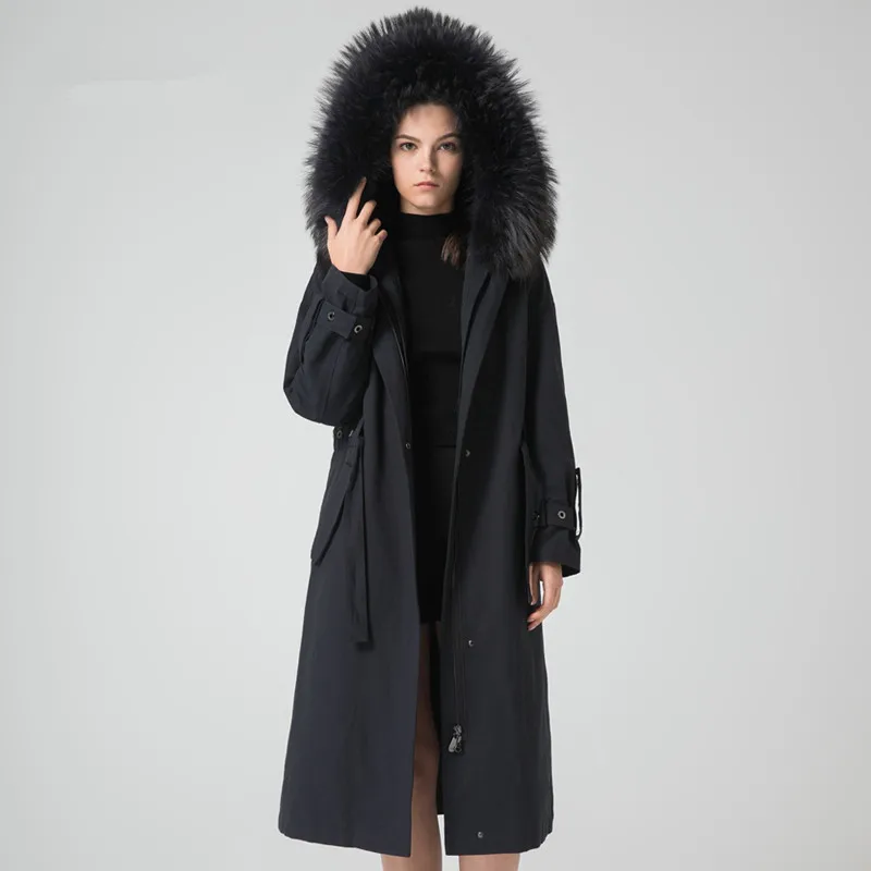 AYUNSUE, парка, натуральное меховое пальто для женщин, натуральный кроличий мех, подстежка, длинные пальто,, Зимняя женская куртка с воротником из меха енота, пальто MY - Цвет: black