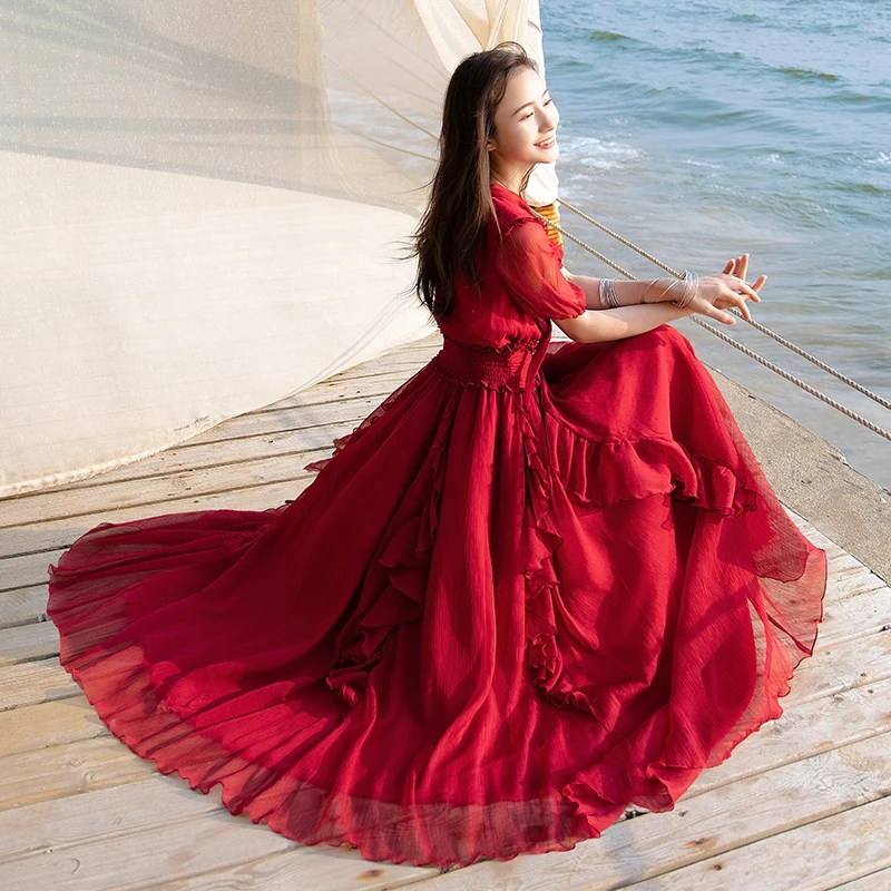 

Free Shipping 2019 Fashion Women Chiffon Long Maxi Ruffles Short Sleeve Dresses Summer Boshow Bohemian Bandage Bow Dress S-L