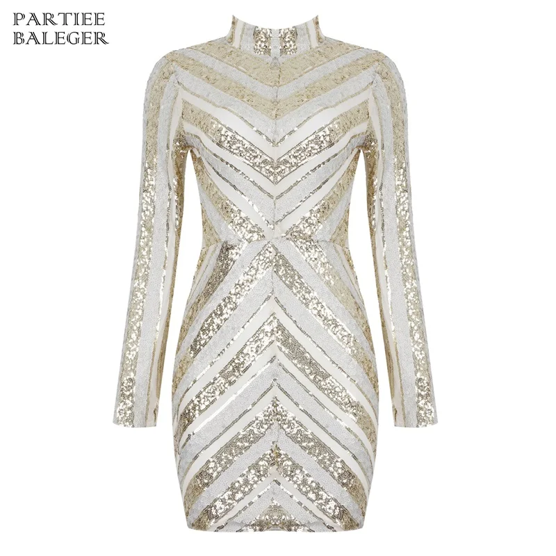 

2019 New Arrival Trendy Striped Sequins Design Long Sleeves Stand Collar Mini Club Dress Celebrity Evening Party Dress