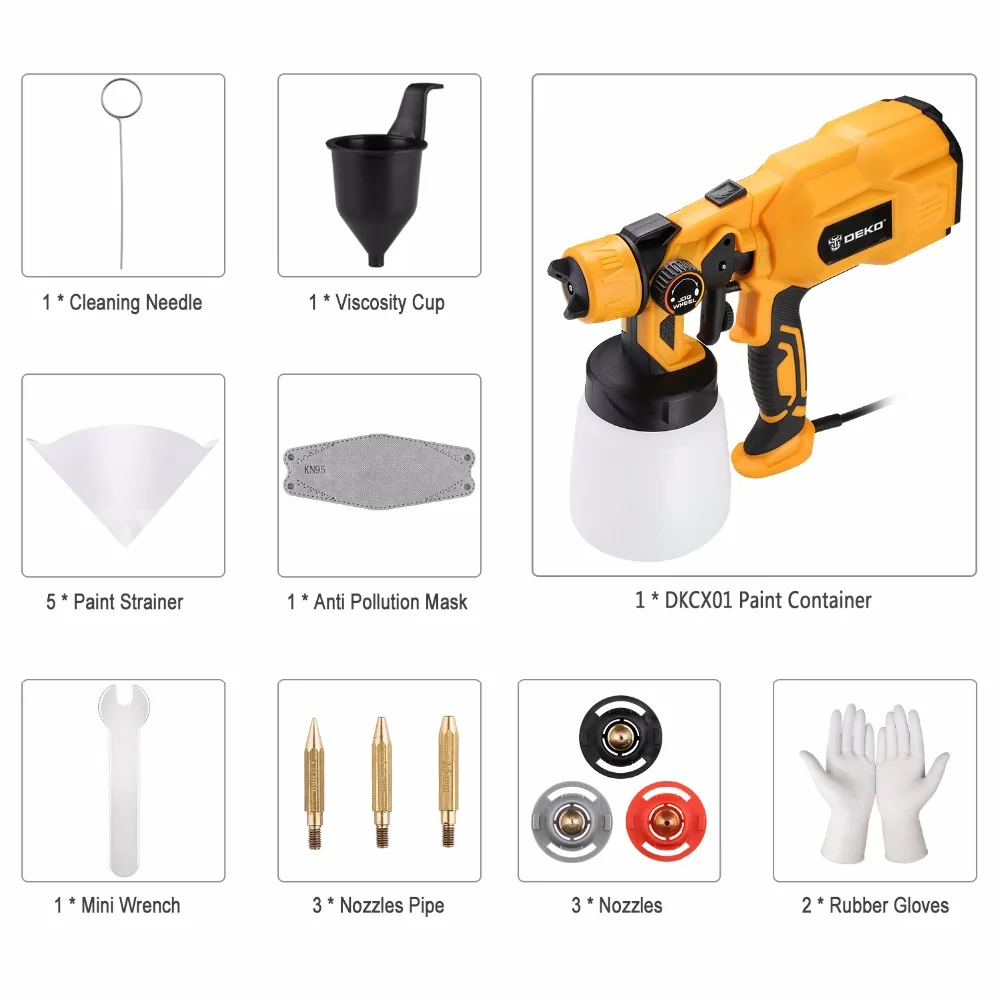 DEKO DKSG55K1 Electric Spray Gun 220V 500W High Pressure Airbrush 3 Nozzle High Atomizing Spray Paint Tool