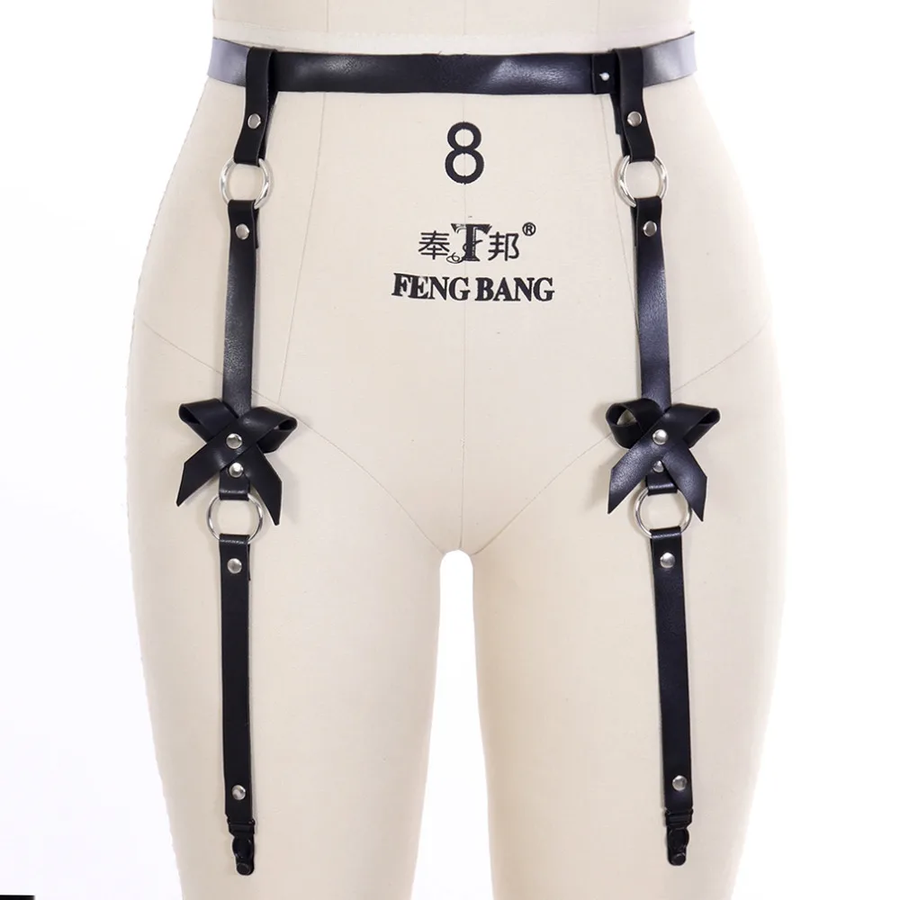 4 clips BLACK LEATHER GARTER BELT Leg Stockings Suspenders Garter thigh