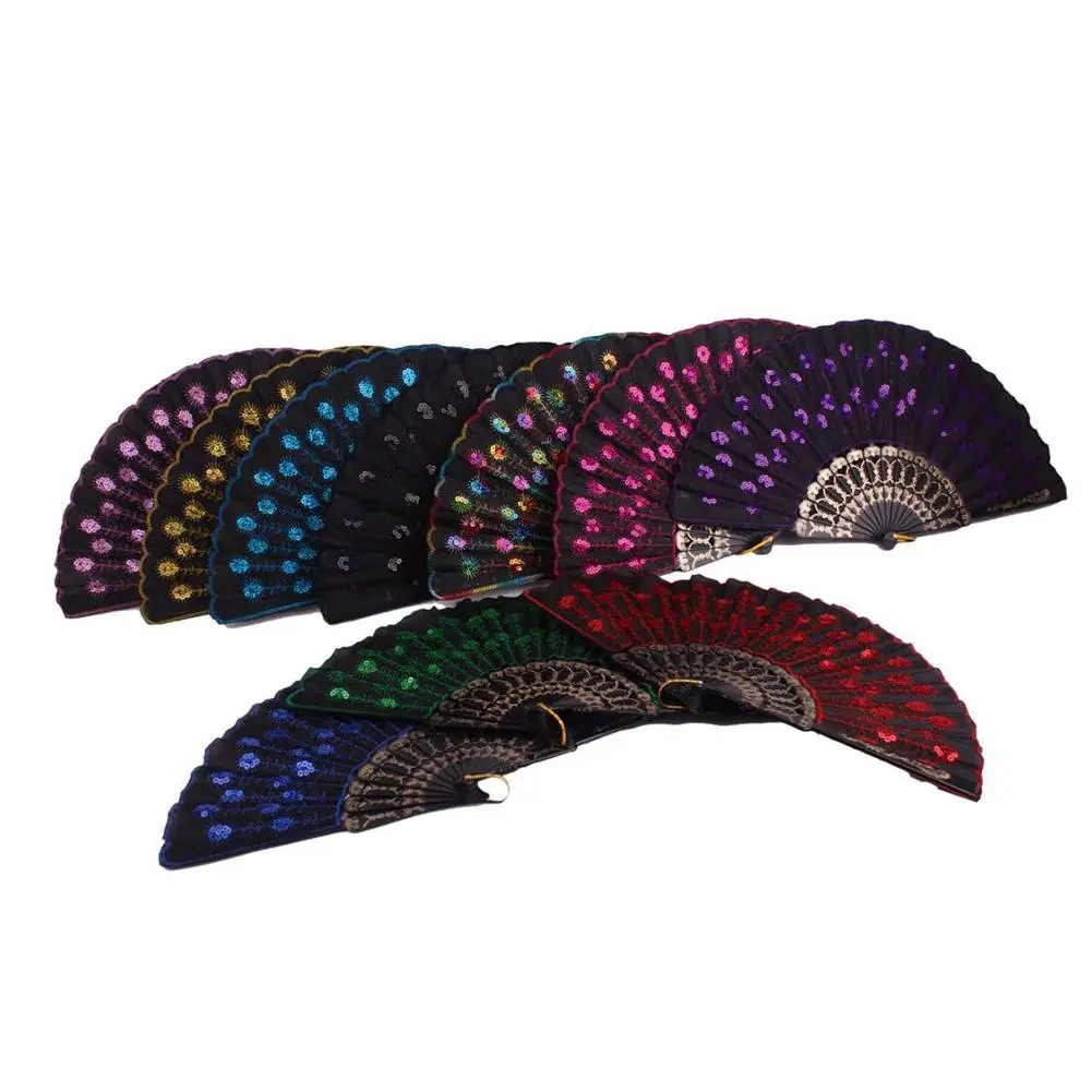 LanLan 10Pcs/Set Elegant Colorful Embroidered Peafowls Pattern Fan