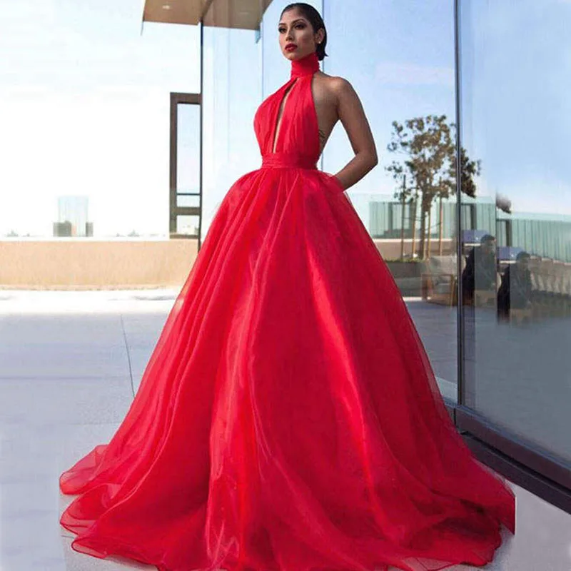 

Long Red Prom Dresses 2019 Elegant High Neck Sleeveless Plus Size Backless African Women Organza Prom Dress
