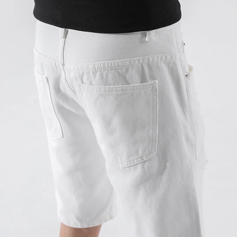 Белые и черные мужские рваные Бермуды летние джинсы короткая брендовая одежда уличная до колена дырки мужские повседневные Прямые шорты из джинсовой ткани