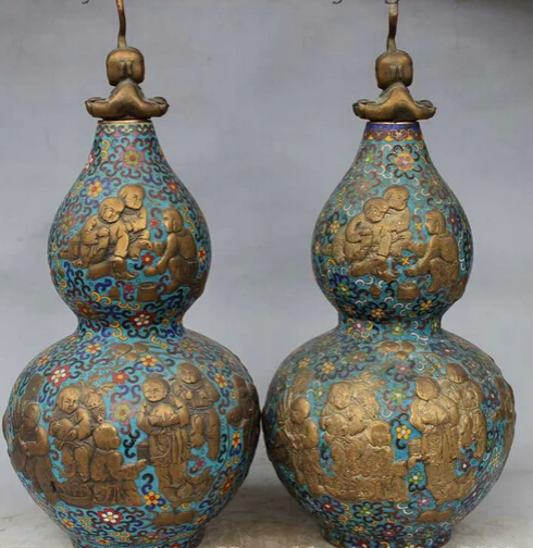 

xiuli 002797 Royal Chinese Palace Cloisonne Enamel Bronze Kid Gourd Jar Pot Vase Bottle Pair