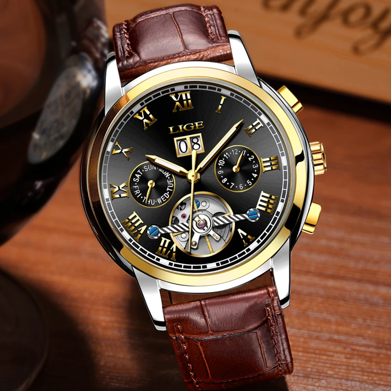 2017 LIGE Luxury Brand Automatic Machinery Watches Men Leather Waterproof Business Watch Men Quartz Clock Man Relogio Masculino