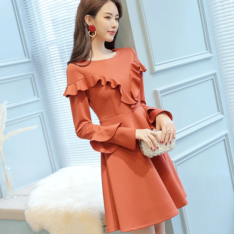 

Autumn Elegant Women's Green Party Dress Female Slim O Neck Long Sleeved High Waist Ball Gown Dress Vintage Ruffles Mini Dress