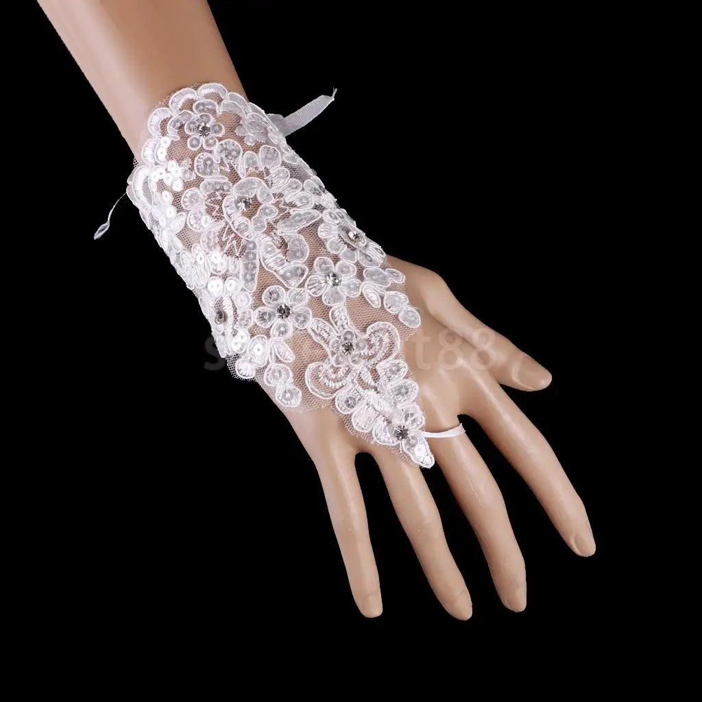 Элегантный белый без пальцев кружева цветок Diamante горный хрусталь перчатки вечеринка костюм короткий параграф