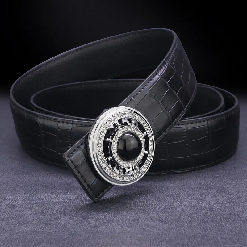 High quality designer belt men genuine leather luxury famous rotate round buckle Crocodile pattern Waist Strap Casual Waistband - Цвет: Black Silver-buckle