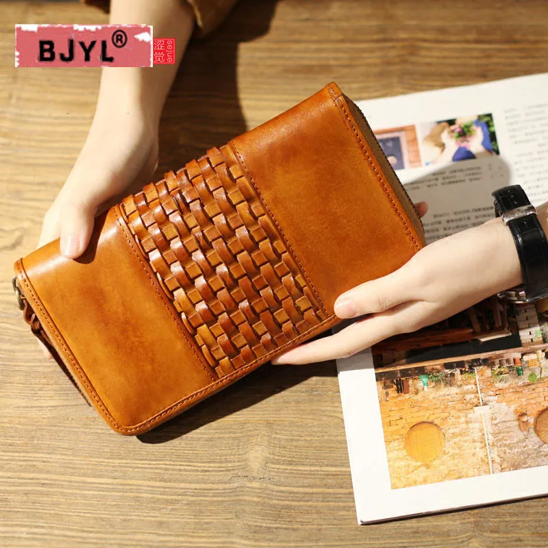 

BJYL Genuine Leather retro wallet long tide men's money chucks hand layer of handmade large - capacity zipper Vintage wallet