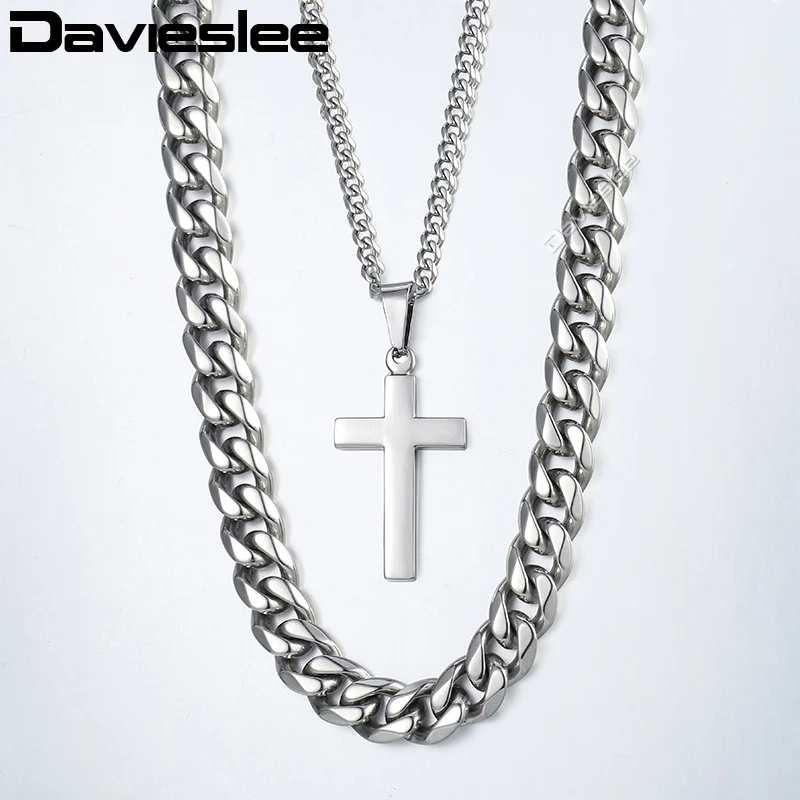 

Davieslee Necklace For Men Silver Stainless Steel Curb Cuban Link Chain Cross Pendant Necklace Hip Hop Jewelry 11mm 24inch LDN03