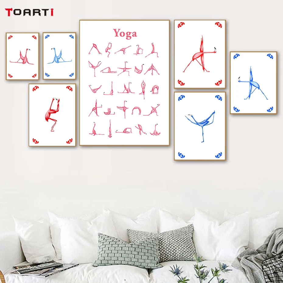 

Red&Blue Crane Wall Art Pictures Animals Yoga Postures Demo Canvas Painting Abstract Poster Nordic Prints Living Room Home Decor
