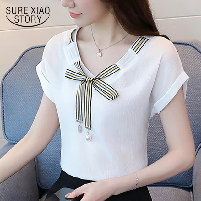 Cheap 2018 fashion short sleeve chiffon women blouse shirt summer bow v-neck women's tops shirts sweet women's clothing blusas D715 30