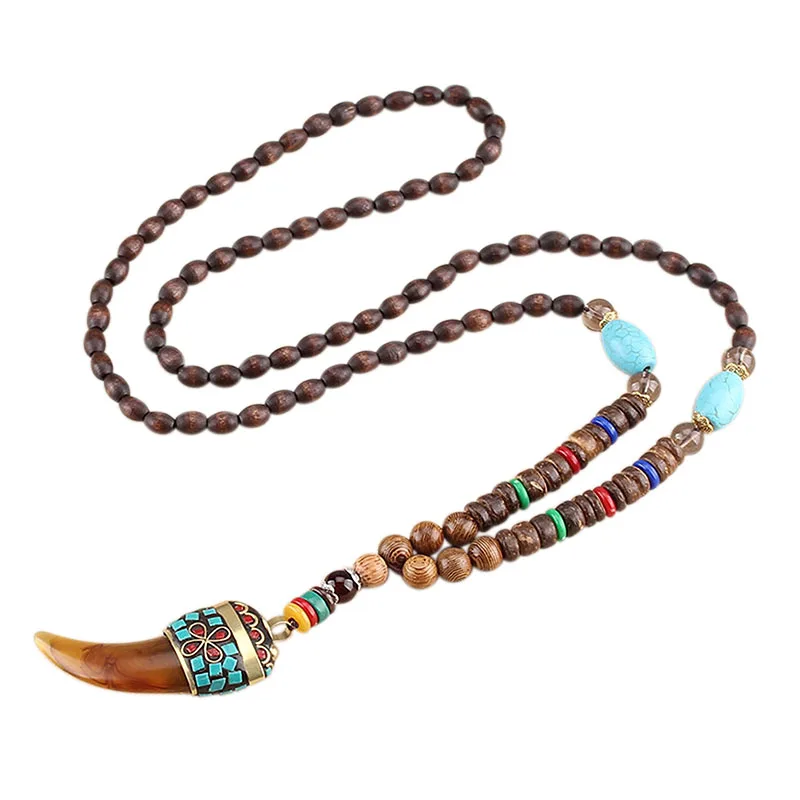 Tibetan Buddhist Mala Wood Beads Necklace Vintage Nepal Charm Ox Horn Pendant Necklace Women Meditation Rosary Necklace Dropship