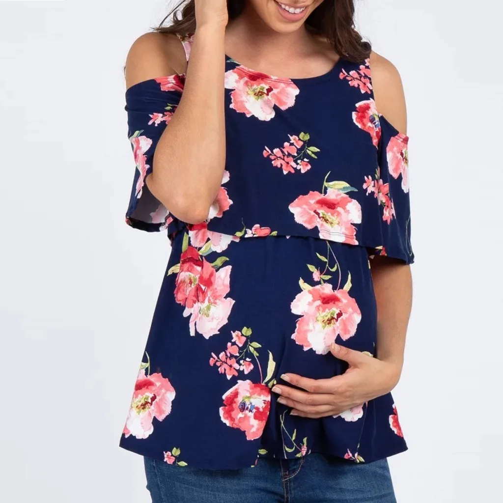 MUQGEW Новая мода женщин беременных Nusring для беременных с коротким рукавом без бретелек печати Цветочные Топы Блузка
