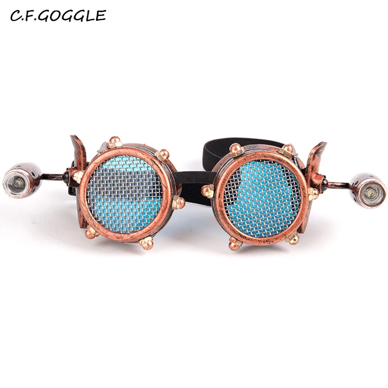 

C.F.GOGGLE Steampunk Welding Retro Gothic Style Rivet Round Frame Blue lens Sun Glasses Vintage Cosplay Party with Small Lights