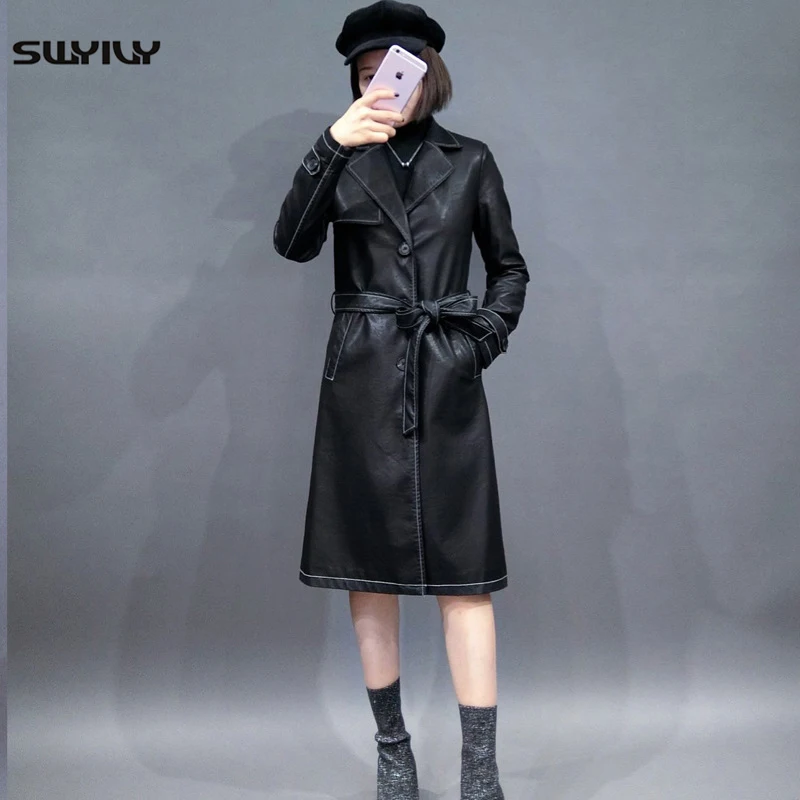 SWYIVY Women Jacket Coats PU Leather Long Design 2018 Autumn Winter New Female Slim Coat Lady Elegant Leather Jacket Belt 3XL