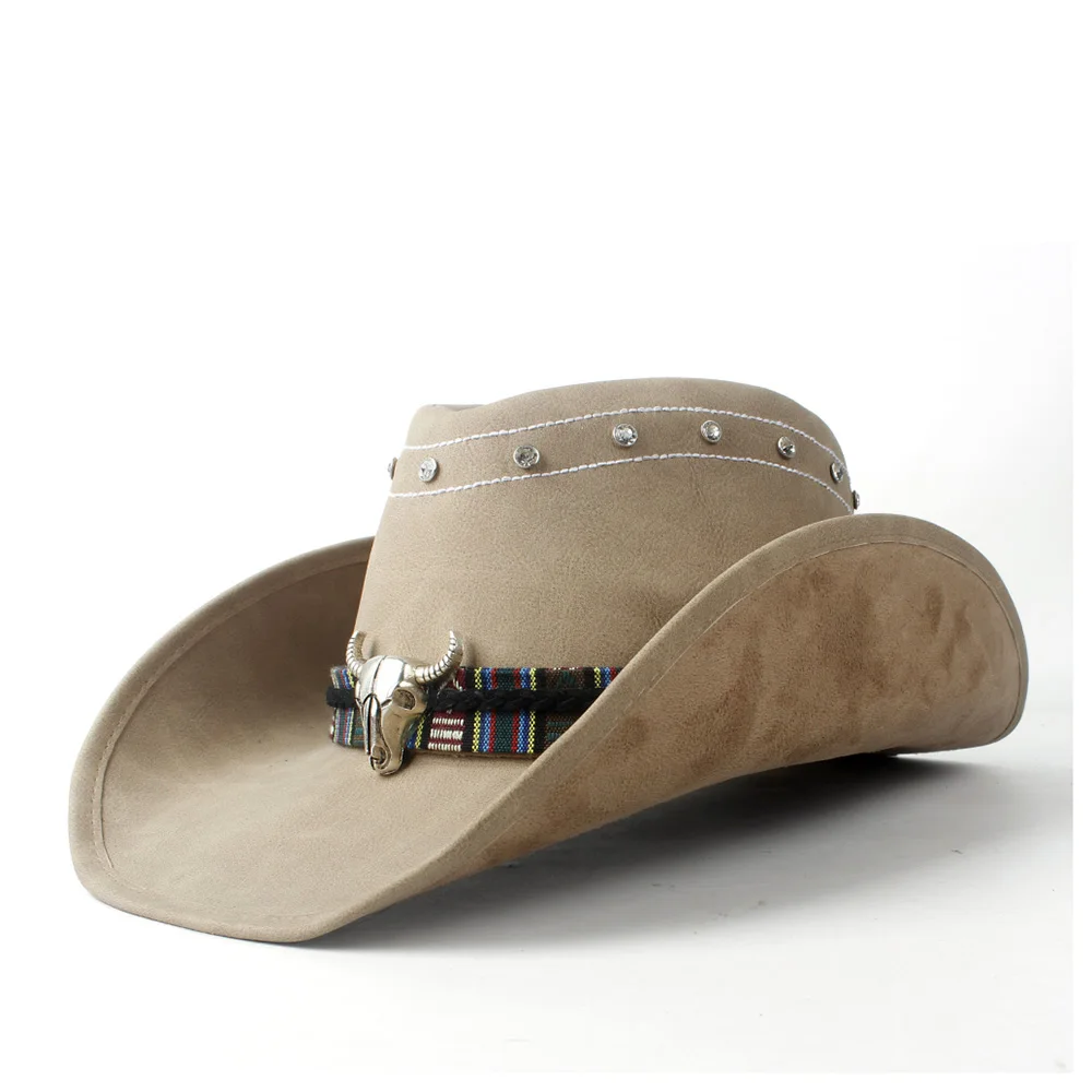 Western Cowboy Cowgirl Leather Hat Wide Brim Hat Bull Head Leather Band