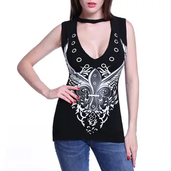 

Sexy Hollow Out Punk Rock T Shirt Women Tops Summer V Neck Sleeveless Wings Print Black Tee Shirt Halloween Clothes WS7826V