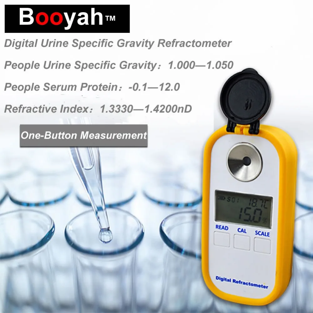 

Original Booyah DR-501 Urine SP.G 1.000-1.050 Serum P.0-12g DL Refractive Index:1.3330-1.3900nD Medical Digital Refractometer