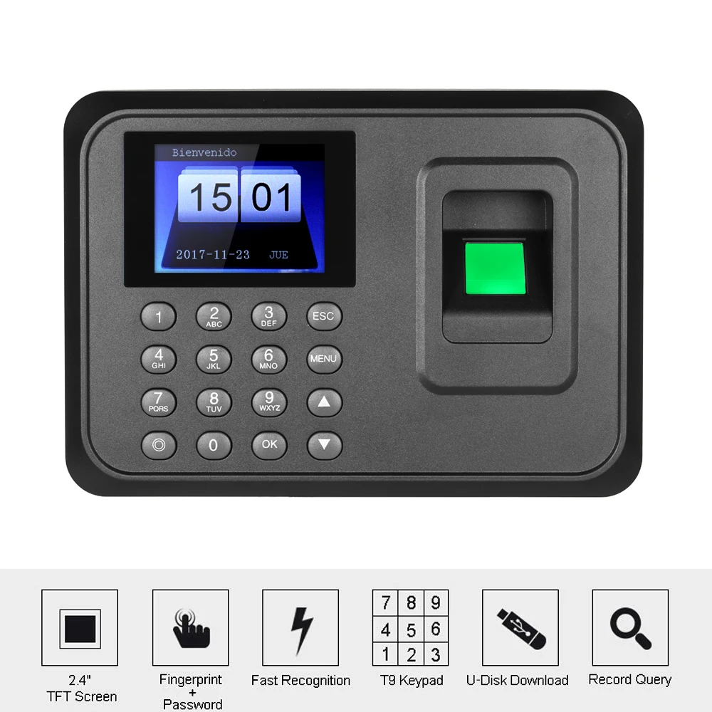 

USB Biometric Fingerprint Attendance Machine 2.4" TFT LCD Display DC 5V/1A Time Clock Recorder Employee Checking-in Reader A6