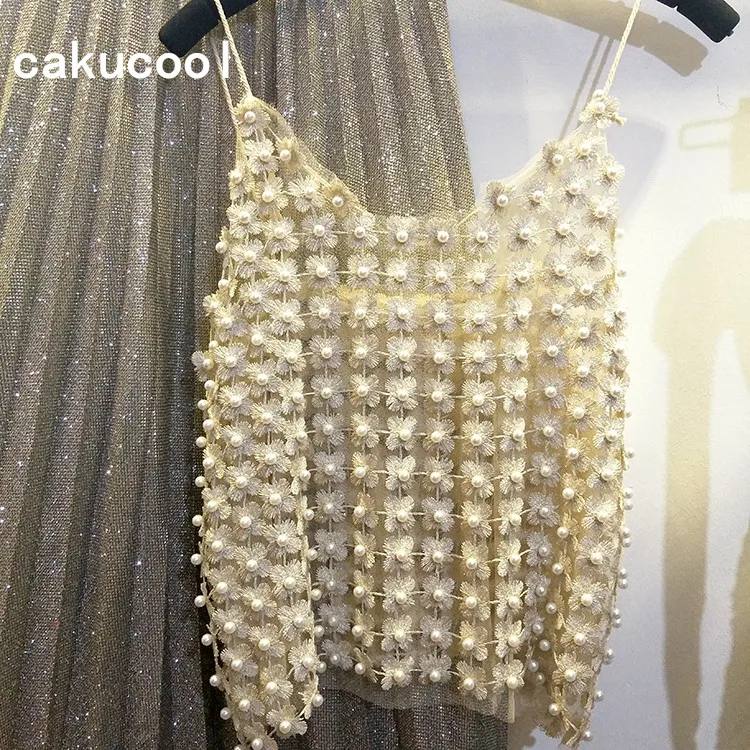 Новая летняя майка Cakucool ажурная сетчатая Милая с цветочным рисунком и жемчугом