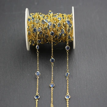 

6mm,Blue Glass Faceted Round Shape Beads Chains,Wire Wrapped Golden Plated Rosary Links Fashion Necklace Jewelry