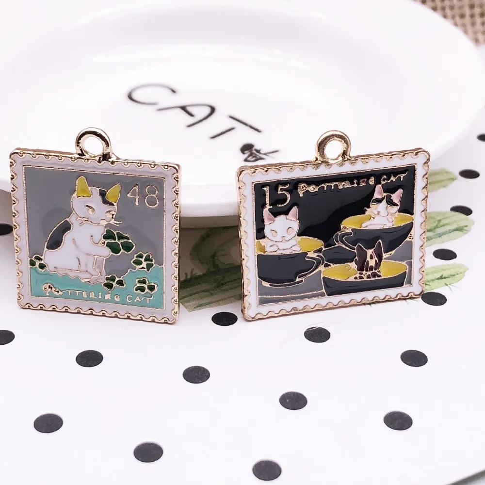 

10pcs DIY accessories square cat photo album postage Stamp charms Gold Enamel alloy Korean bracelet pendant ornament trinket
