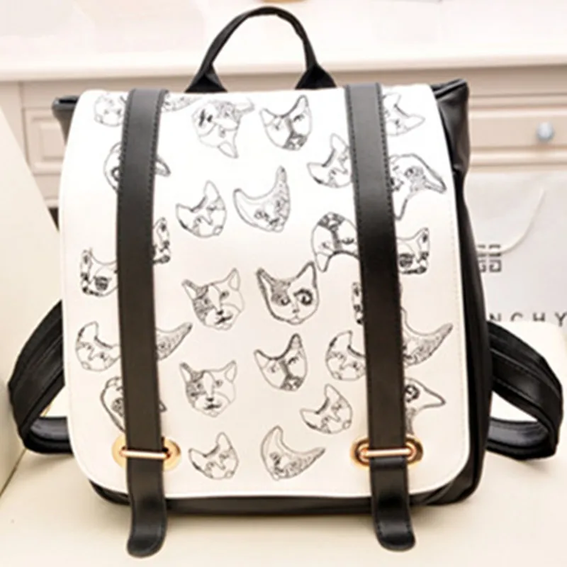 KUNDUI new hot women s Retro cat backpacks travel bags backpack PU printing female double shoulder