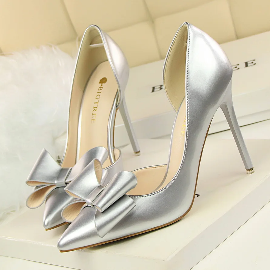2019 Fashion Delicate Sweet Bowknot High Heel Shoes Side Hollow Pointed Women Pumps Pointed Toe 10.5CM thin Dress Shoes