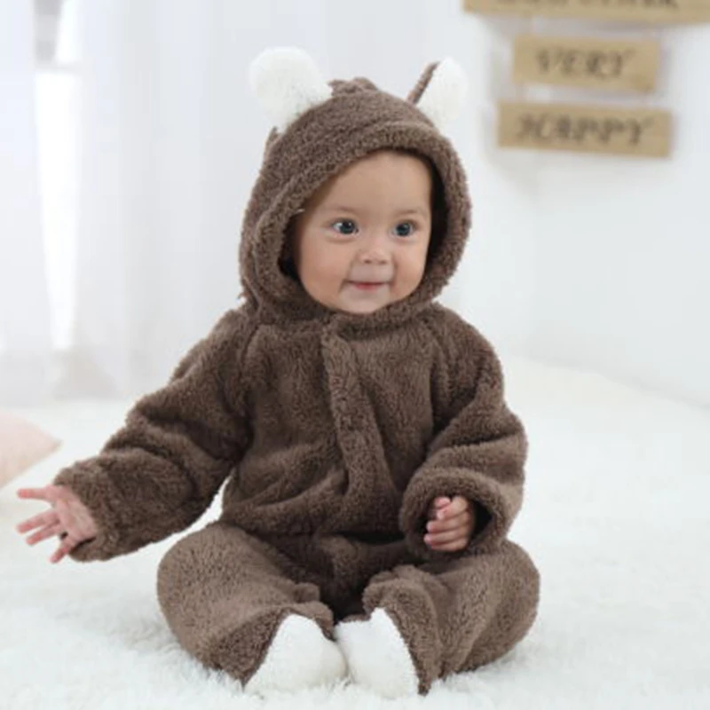 Baby Winter Fleece Romper Cute Bear Ears Hooded Jumpsuit Newborn Soft