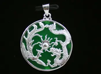 

FREE SHIPPING Silver set green jade Dragon Phoenix Pendant Necklace fine jewelry