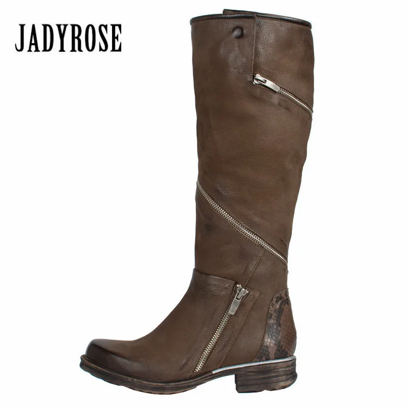 

Jady Rose Zip Design Women Knee High Boots Retro Brown Riding Boots Flat Platform Rubber Shoes Woman Female High Botas Mujer