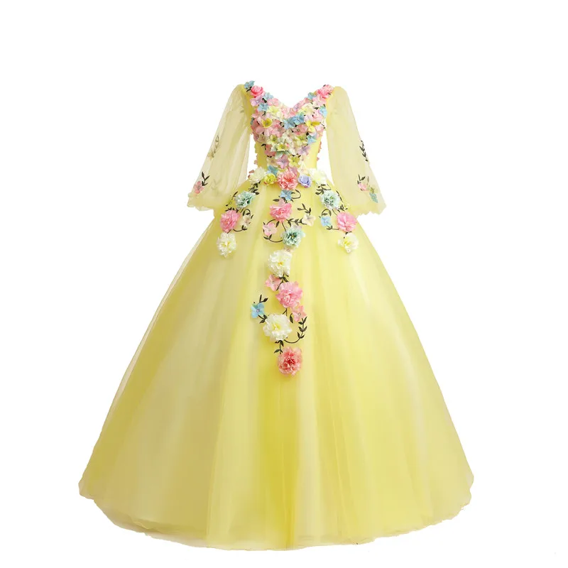 Trajes De Quinceaneras 2021 Новый желтого цвета с v образным вырезом длинным рукавом бальные