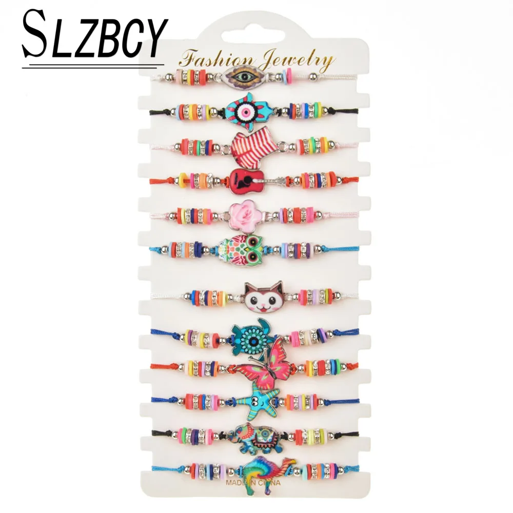 

Women 12 pcs/lot Evil Eye Fatima Hand Charm Braided Bracelets Soft Clay Turtle Owl Elephant Adjustable Wristband Boho Jewelry