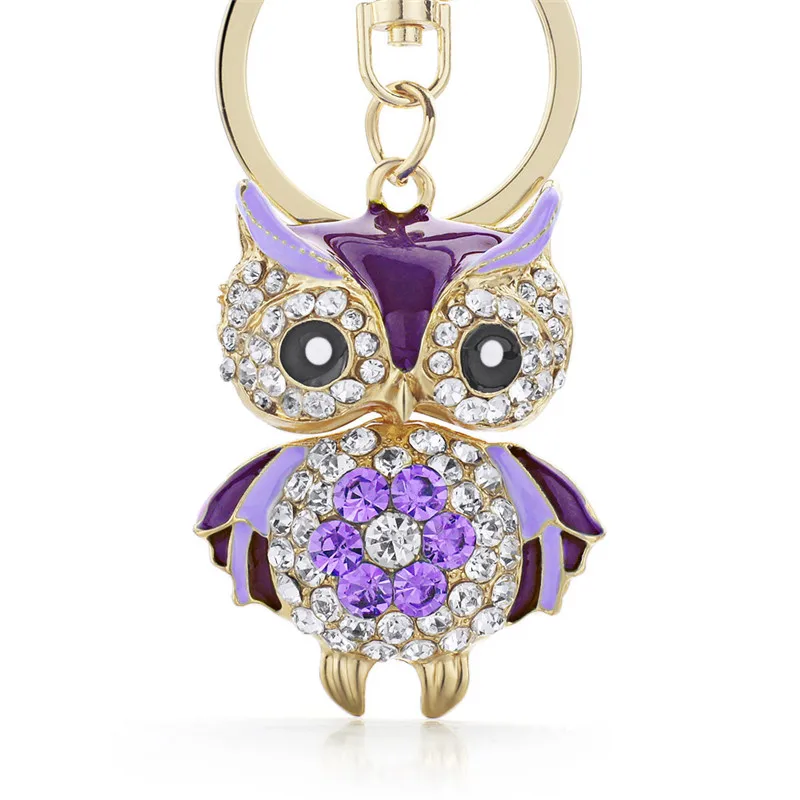 Милая сова Кристалл Цепочки Кольца Для Ключей держатель для женщин цветок кошелек сумка Пряжка Кулон для автомобиля брелоки K288 - Цвет: Purple