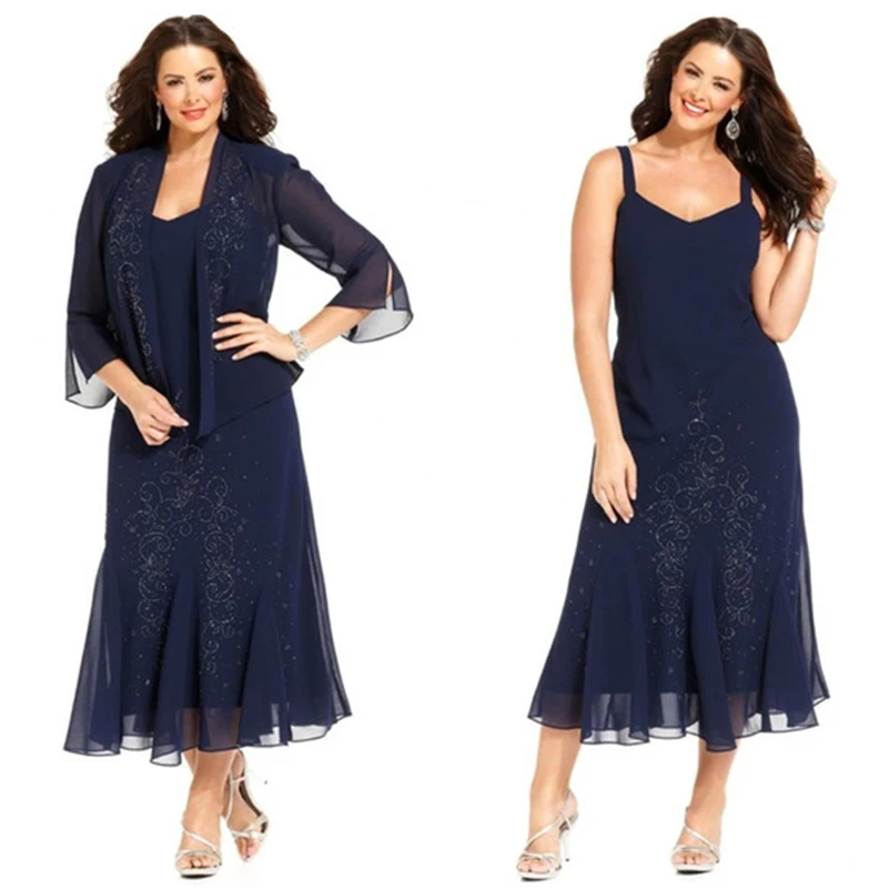 Hot Custom Colors Mother Of The Bride Dresses With Jacket Dark Custom Colors Mother Of The Bride Dresses With Jacket Dark Navy Blue Tea Length Beaded Chiffon Pleats Elegant Wedding Guest Gown