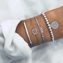 Женский комплект браслетов, ажурные полоски в виде листьев лотоса, бусины, Ловец снов, серебряный браслет, женская модная одежда, ювелирные изделия, подарки