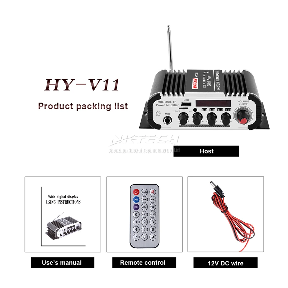 NKTECH HY-V11 Автомобильный цифровой аудио плеер Bluetooth усилитель мощности 2CH x 20 Вт Hi-Fi стерео бас-усилитель с микрофоном караоке реверберация