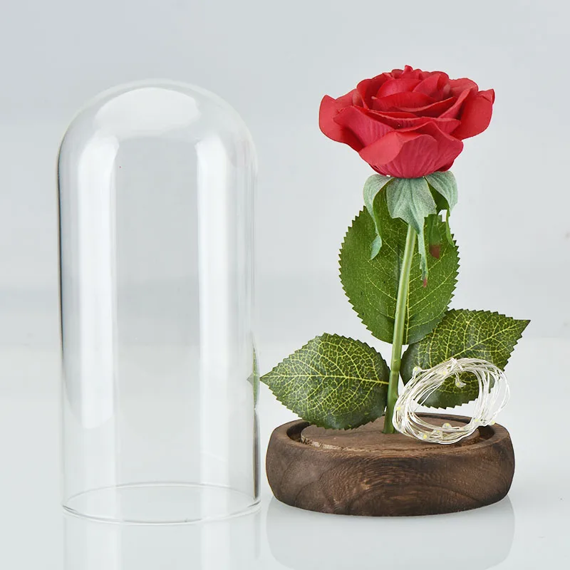 Домашний Творческий зверь, искусственная вечная красная роза в стеклянном куполе, светодиодный светильник, деревянная основа для подарка на День святого Валентина