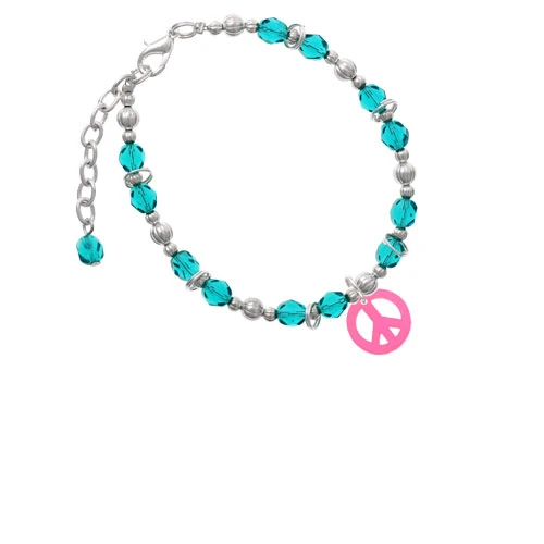 Acrylic Small Hot Pink Peace Sign Teal Beaded Bracelet