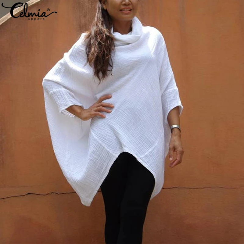 

2019 Autumn Celmia Plus Size Women Tops and Blouse Cowl Neck Batwing Sleeve Shirts Female Asymmetric Blusas Casual Loose Tees