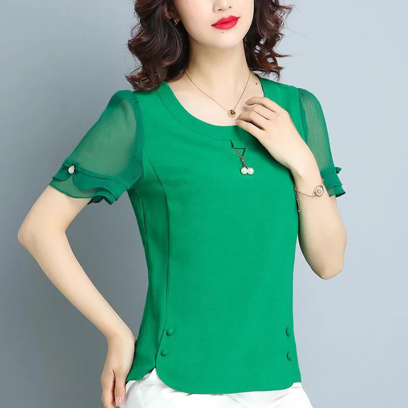 المرأة عارضة الربيع الصيف نمط الشيفون البلوزات قمصان سيدة أنيقة قصيرة الأكمام س الرقبة Blusas قمم قمصان DF2398