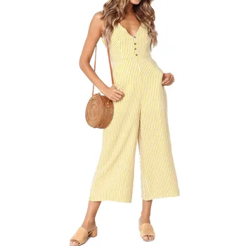 

Women Summer 2019 Fashion Stripe Print Button Pocket Deep V-collar Jumpsuit Casual Romper