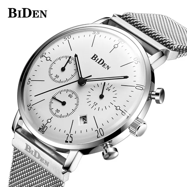 

Fashion Simple Stylish Top Luxury Brand BIDEN Watches Men Stainless Steel Mesh Strap Quartz-watch Thin Dial Clock Men Wristwatch